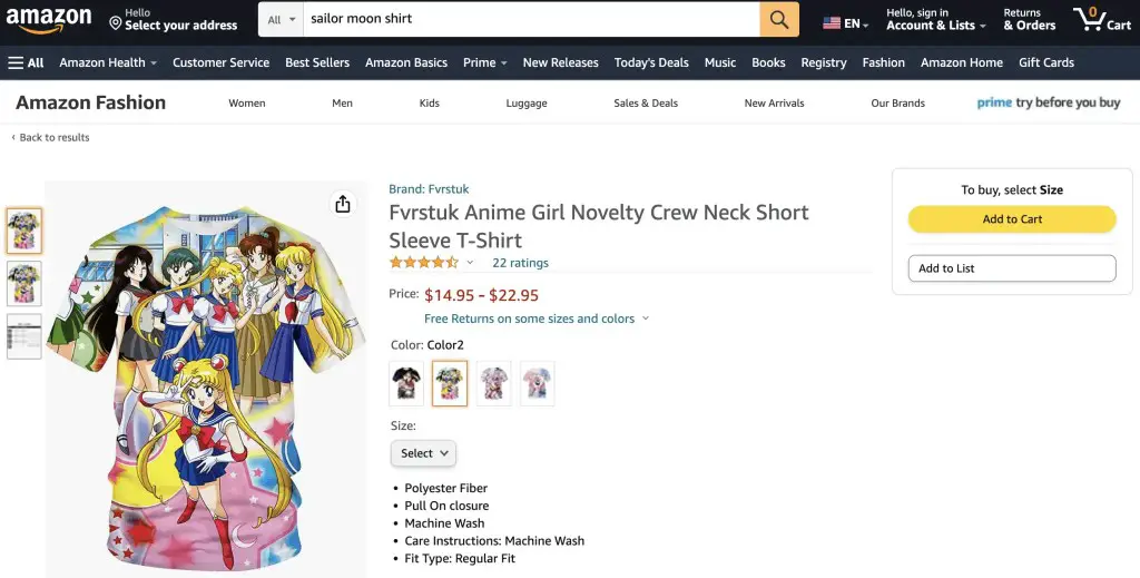 Sailor Moon shirt with Usagi and her friends, at Amazon