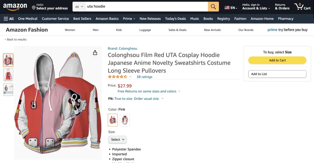 Uta's hoodie from One Piece: Red at Amazon