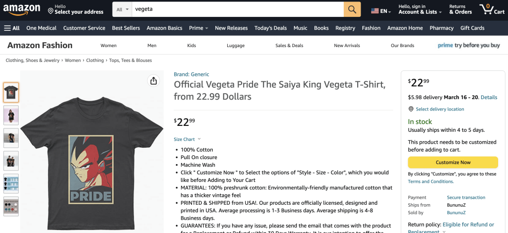 Vegeta Pride shirt, Dragon Ball Z, at Amazon