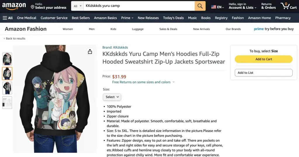 Yuru Camp hoodie at Amazon