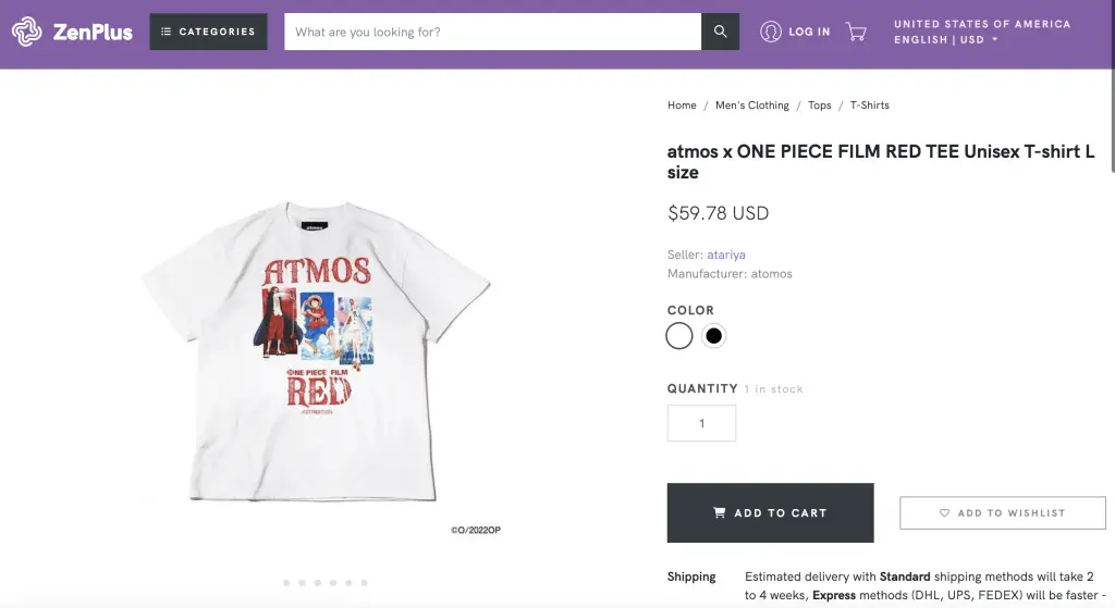Atmos x One Piece shirt for the Red movie, at ZenPlus