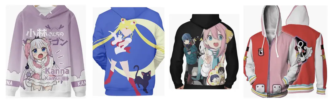 Four of the anime hoodies featured in the article: Miss Kobayashi's Dragon Maid, Sailor Moon, Yuru Camp, One Piece