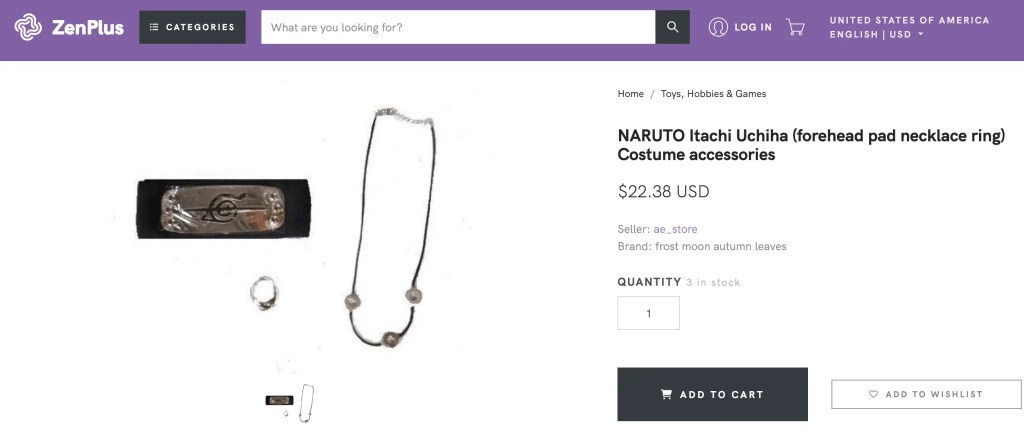 Itachi Uchiha (Naruto) headband, necklace, and ring, available at ZenPlus