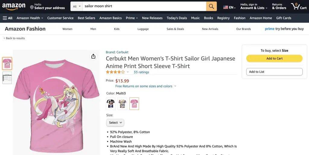 Pink Sailor Moon on moon shirt at Amazon