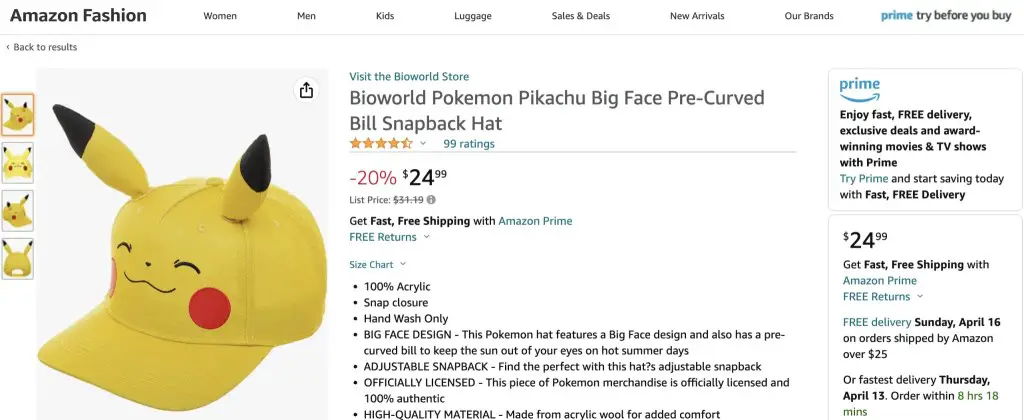 Big Face snapback, Pikachu (Pokemon), at Amazon