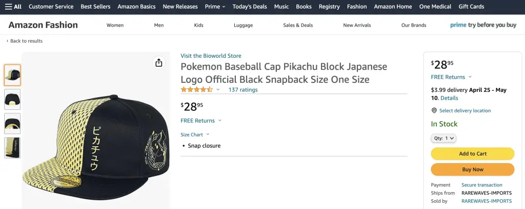 Black Pikachu cap with Japanese writing, Amazon