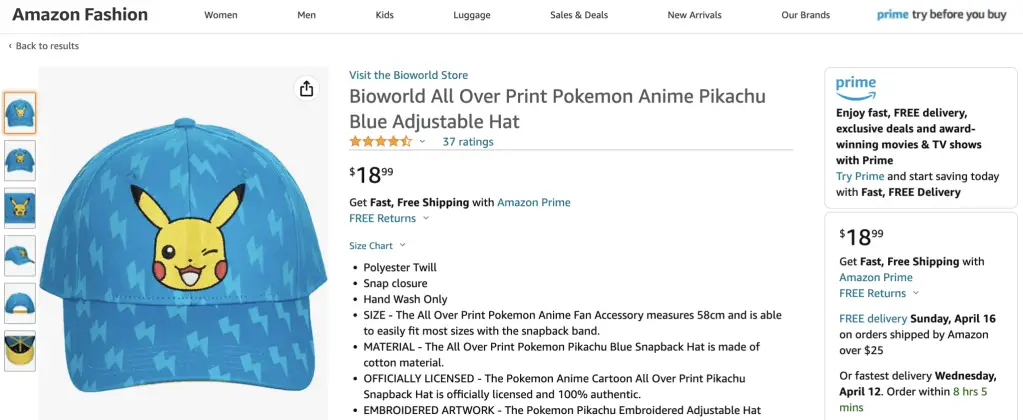 Blue Pikachu (Pokemon) cap at Amazon