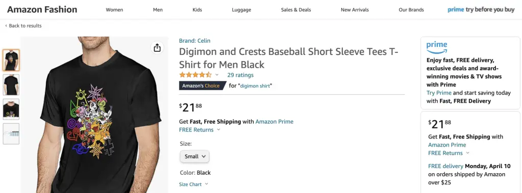 Digimon shirt with Crests, at Amazon