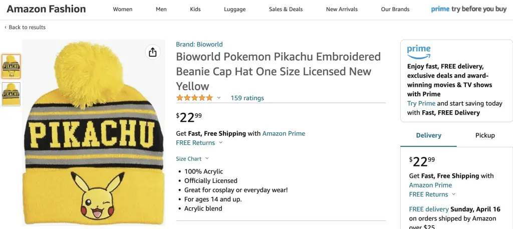 Embroidered beanie with Pikachu (Pokemon) at Amazon