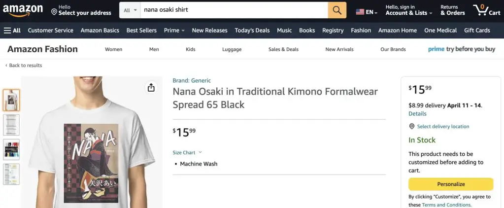 Nana (kimono artwork) shirt at Amazon