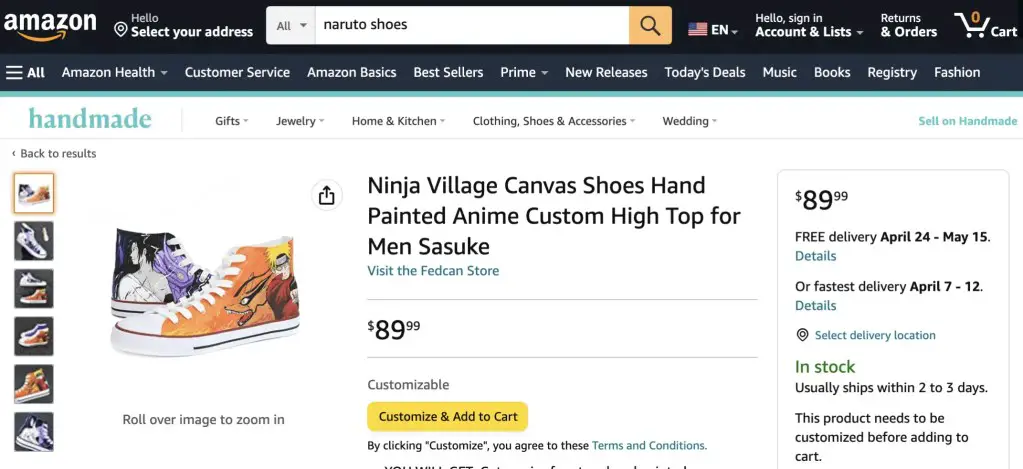 Naruto and Sasuke high tops at Amazon