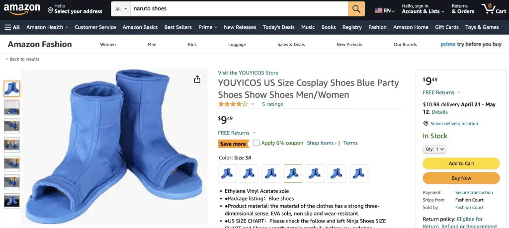 Blue Naruto cosplay shoes at Amazon
