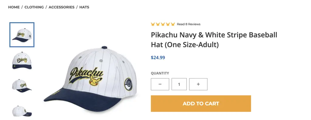 Pinstripe Pikachu baseball cap, Pokemon Center