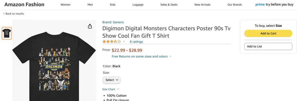 Digimon character poster shirt, at Amazon