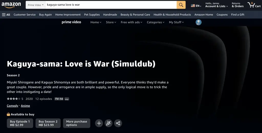 Kaguya-sama: Love is War, season 2 Simuldub at Amazon Prime Video (U.S.)