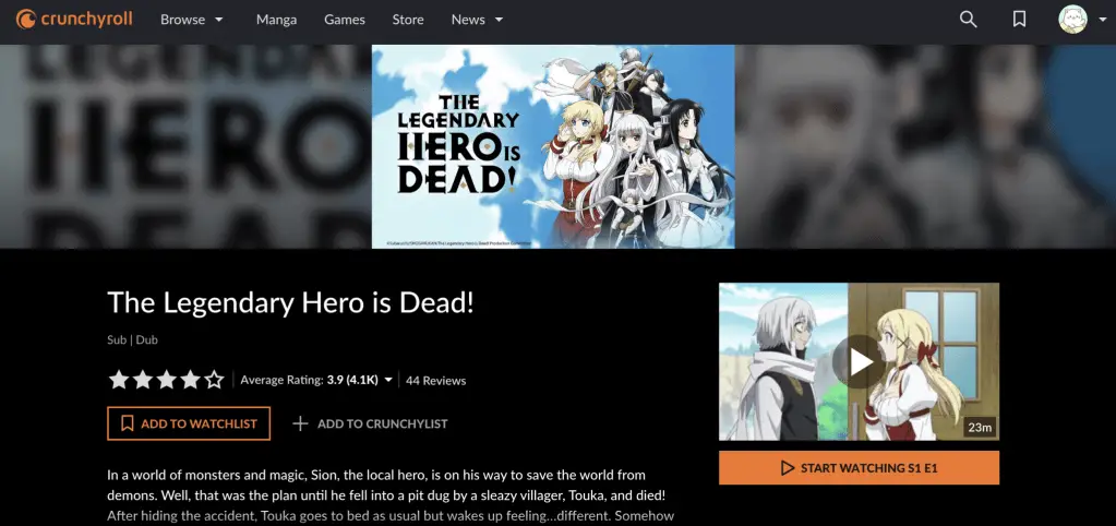 The Legendary Hero is Dead! at Crunchyroll