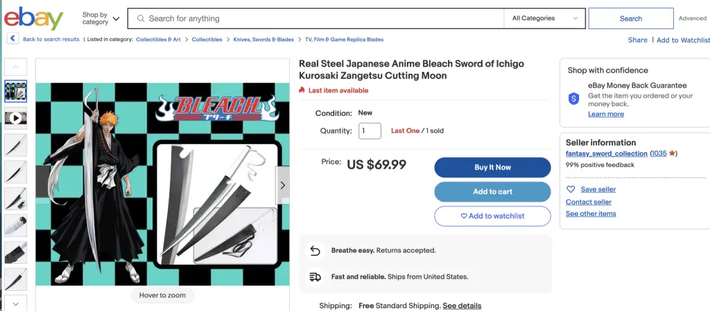 Ichigo's Zanpakuto sword, from Bleach, at eBay