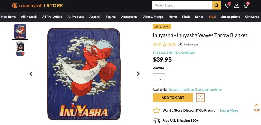 Inuyasha blanket at Crunchyroll store