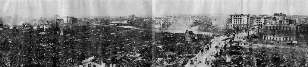 Nihonbashi and Kanda after the Great Kanto Earthquake - historical public domain photo, originally by Osaka Mainichi newspaper - from Wikimedia Commons