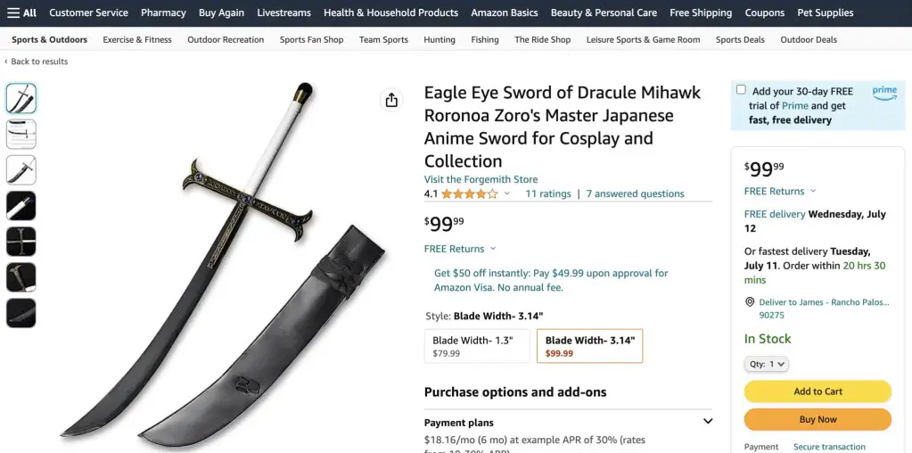 Mihawk's Yoru sword from One Piece, as seen at Amazon