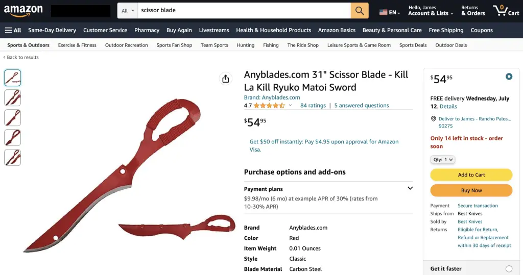 Ryuko's Scissor Blade from Kill La Kill, as seen at Amazon
