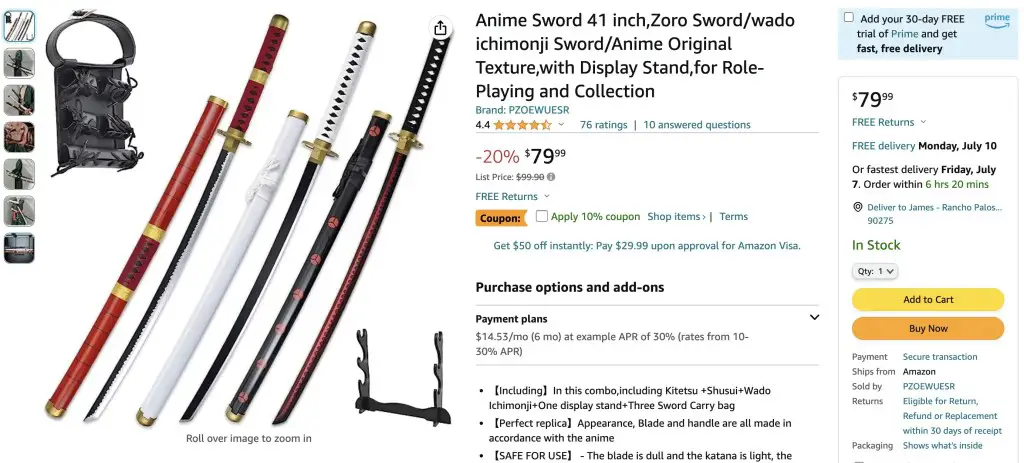 Zoro's swords from One Piece at Amazon