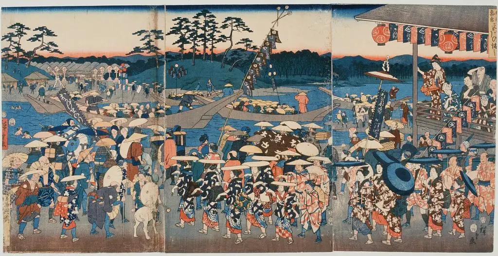 Public domain, art by Utagawa (Ando) Hiroshige shows a crowded ferry boarding area on the Miya River. (From the Mie University Library, via Wikimedia Commons) 