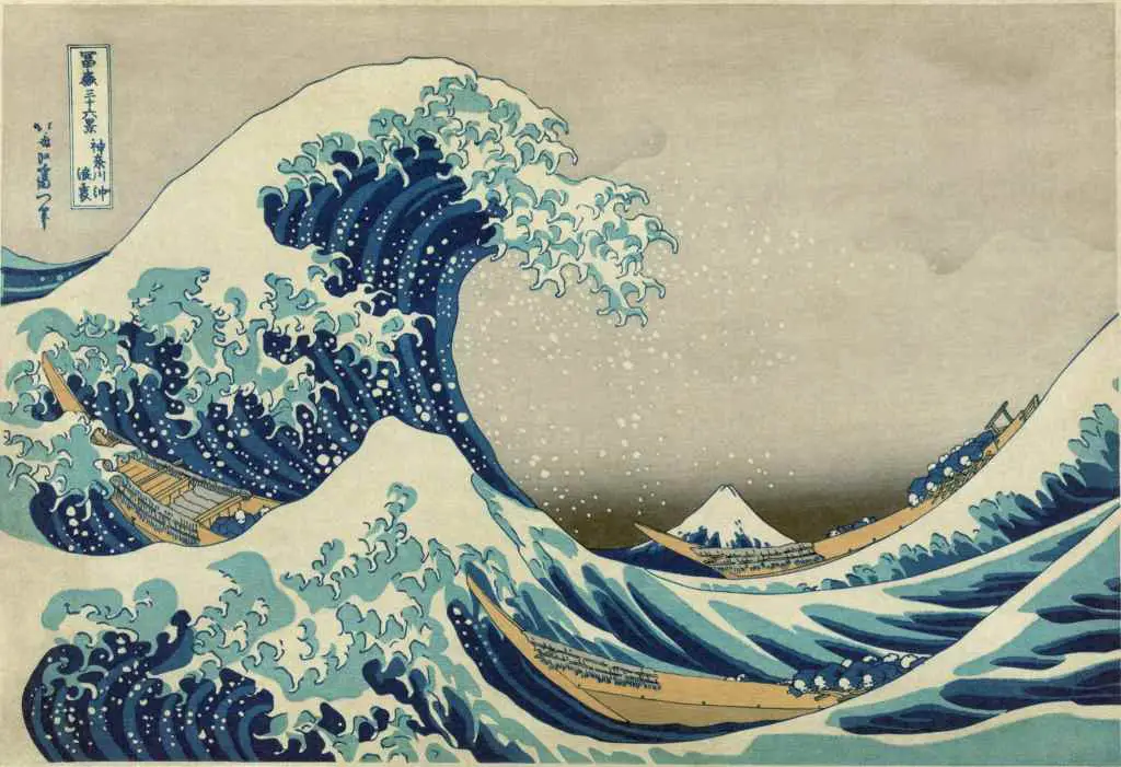 Katsushika Hokusai's "The Great Wave off Kanagawa" woodblock print (1831). One of Hokusai's "Thirty-six Views of Mount Fuji" series. From Wikimedia Commons.