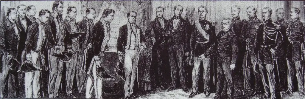 Members of the Iwakura Mission meet with French President Aldophe Thiers. Photographic reproduction, originally from Le Monde Illustre 1873, currently public domain. From Wikimedia Commons.