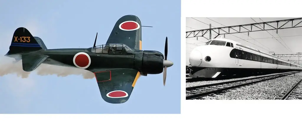 At left: Restored Mitsubishi A6M Zero from Commemorative Air Force / American Airpower Heritage Flying Museum, via Wikimedia Commons. At right: Series 0 Shinkansen "bullet train," from the Kawasaki Heavy Industries website.