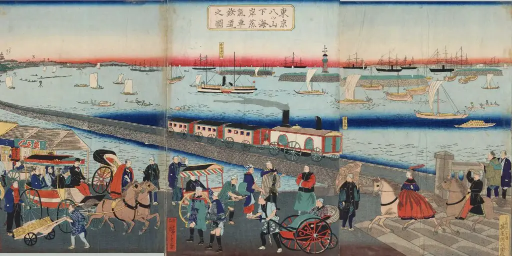 Public domain artwork by Utagawa Hiroshige, showing Japan's first railway in 1872. From Japan Foreign Policy Forum website.