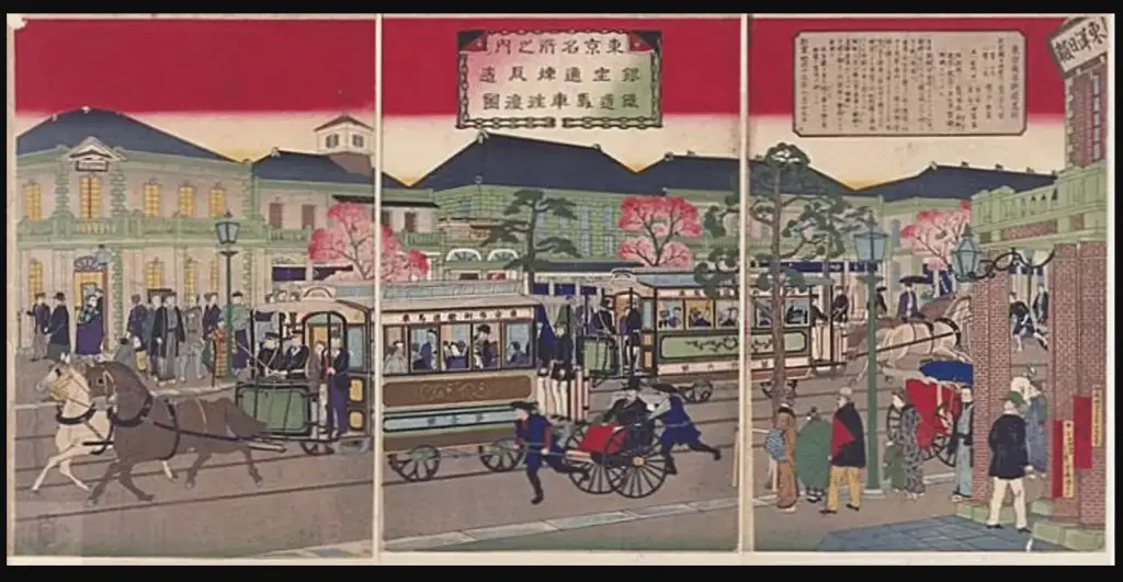 This Meiji Era woodblock print art is by Utagawa Hiroshige. It shows horse-drawn streetcars in the Ginza area. Originally from 1882. Public domain art from Wikimedia Commons.