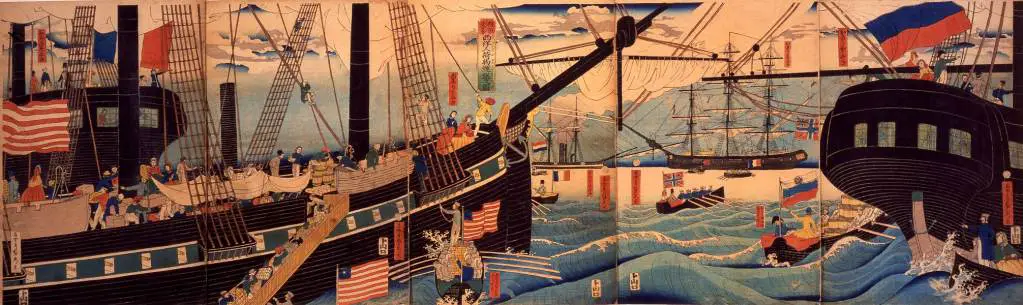 Public domain, 1861 art by Sadahide shows foreign ships in Yokohama. From Wikimedia Commons.