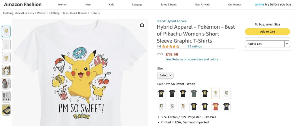 PIkachu "I'm So Sweet" shirt at Amazon