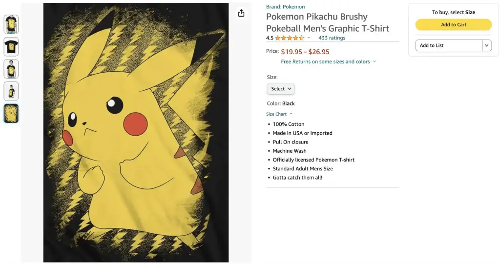 Pikachu brushy graphic shirt at Amazon