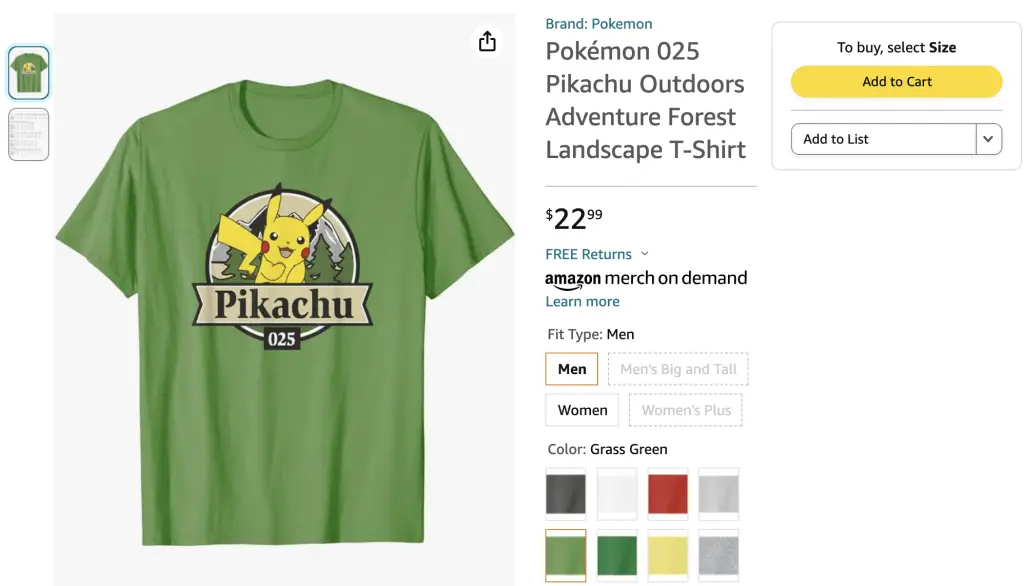 Outdoors Adventure Pikachu shirt at Amazon
