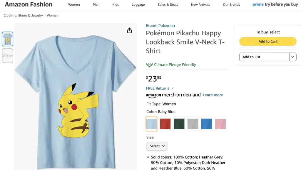 Pikachu V-neck shirt at Amazon
