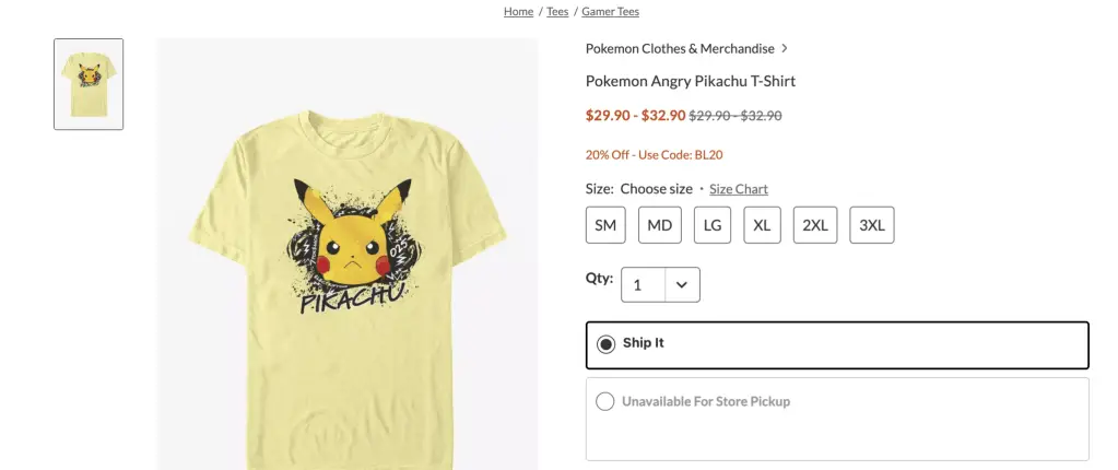 Angry Pikachu shirt at BoxLunch