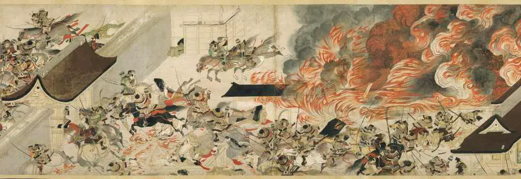 Public domain art from the Heiji Monogatari Emaki (13th century handscroll), which depicts the Heiji Rebellion. Artist unknown, currently at the Boston Museum of Fine Arts, found at Wikimedia Commons.