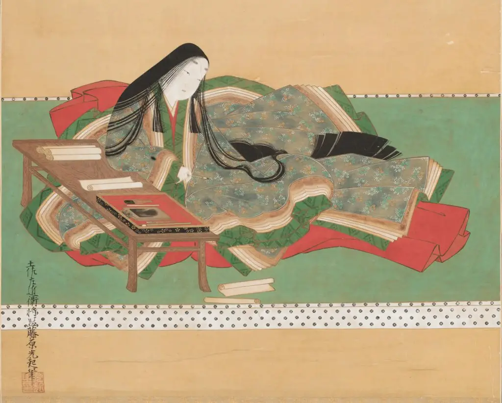 Public domain art shows Murasaki Shikibu composing the Tale of Genji (Genji Monogatari). Art by Tosa Mitsuoki, sometime before 1691. Currently at Ishiyama-dera Temple, found at WIkimedia Commons.