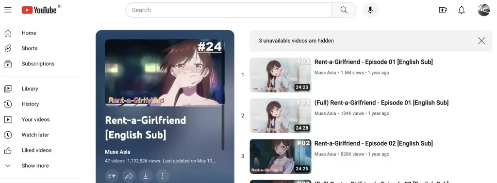 Rent-A-Girlfriend at Muse Asia's YouTube channel (Indonesia)
