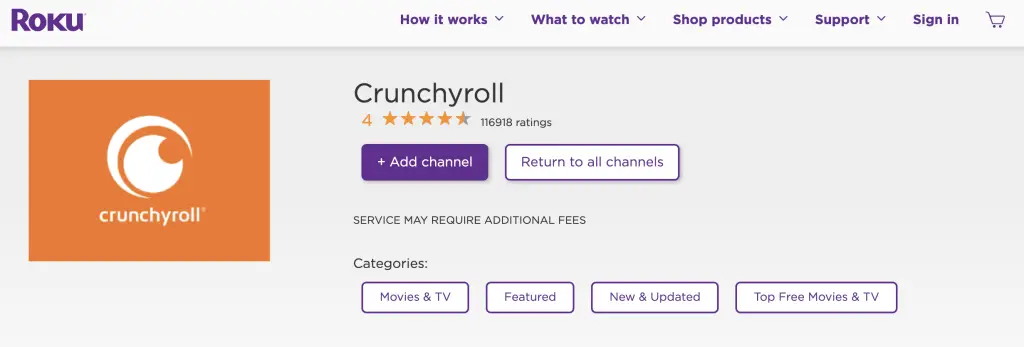 Crunchyroll app at Roku