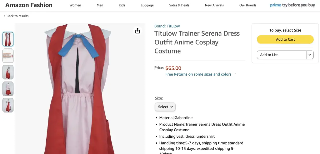 Serena (Pokemon) cosplay outfit at Amazon