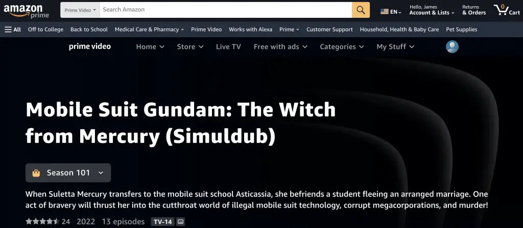 Mobile Suit Gundam: The Witch from Mercury at Amazon Prime Video (Simuldub)