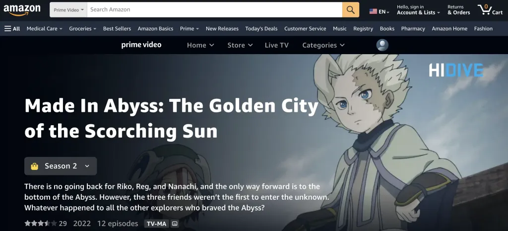 Made in Abyss season 2 at Amazon Prime Video.