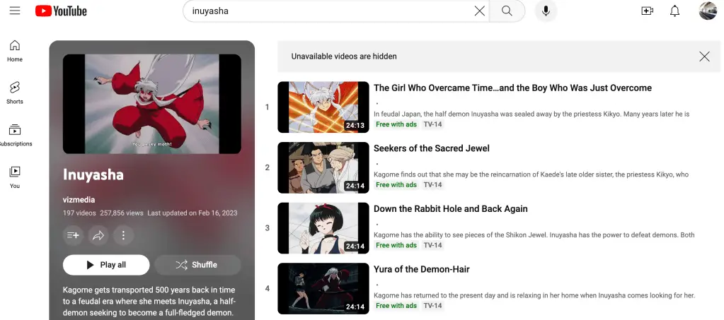 Inuyasha at VIZ Media on YouTube