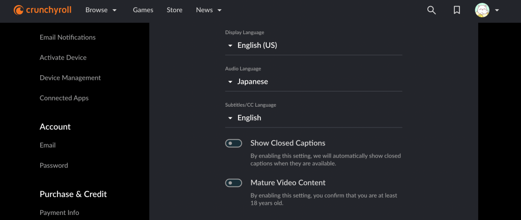 Crunchyroll user settings page, including the switch to turn on or off Mature content.