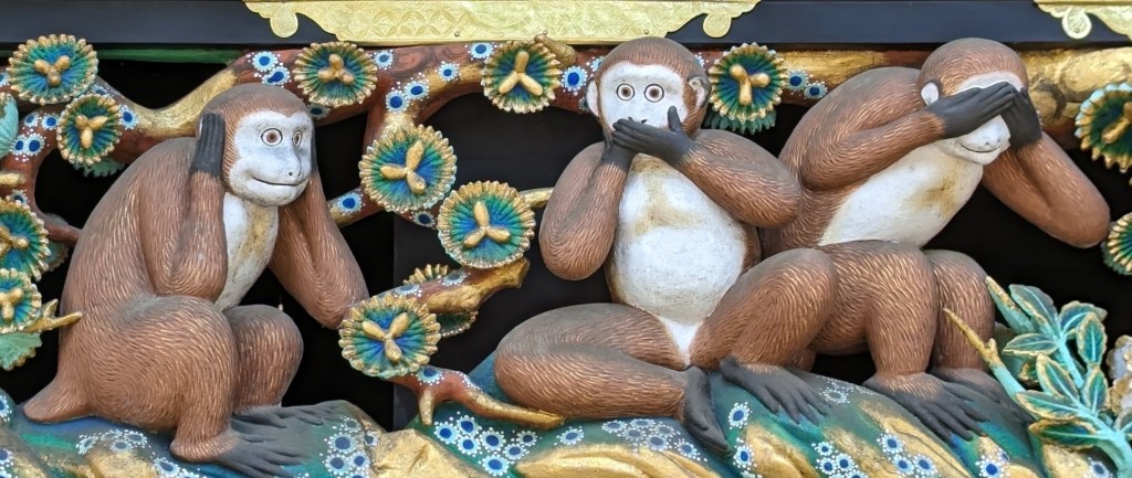 Buddhist in origin, Sanzaru "Three Wise Monkeys" hang out at Tosho-gu Shrine in Nikko. By Jpatokal at Wikipedia (CC BY-SA 4.0)
