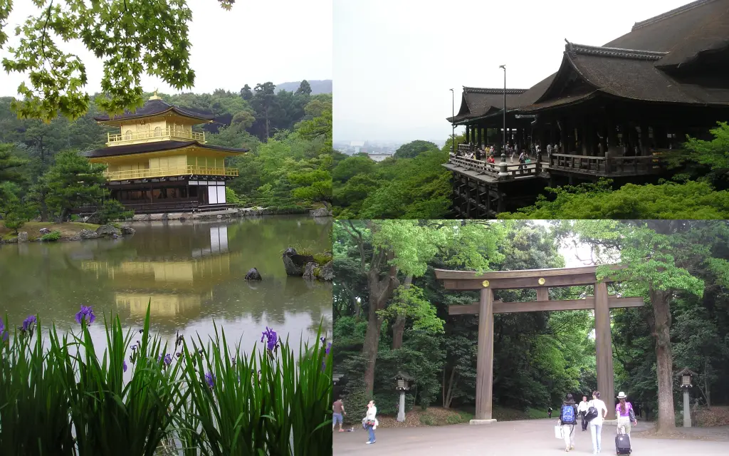 Collage of photos by James Fujita, featuring Kinkaku-ji, Kyoto; Kiyomizu-dera, Kyoto; and Meiji Jingu, Tokyo. https://www.flickr.com/photos/22038157@N05/