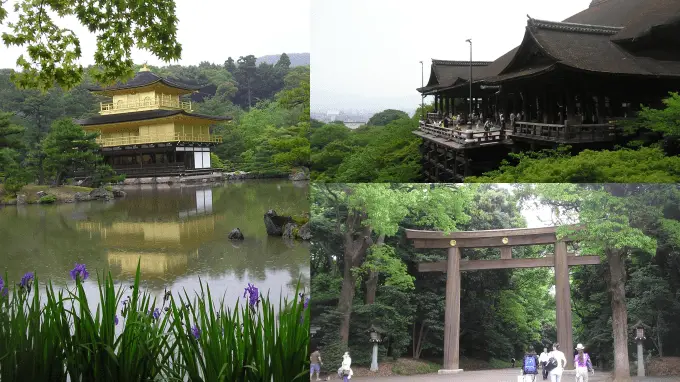 Collage of photos by James Fujita, featuring Kinkaku-ji, Kyoto; Kiyomizu-dera, Kyoto; and Meiji Jingu, Tokyo. https://www.flickr.com/photos/22038157@N05/